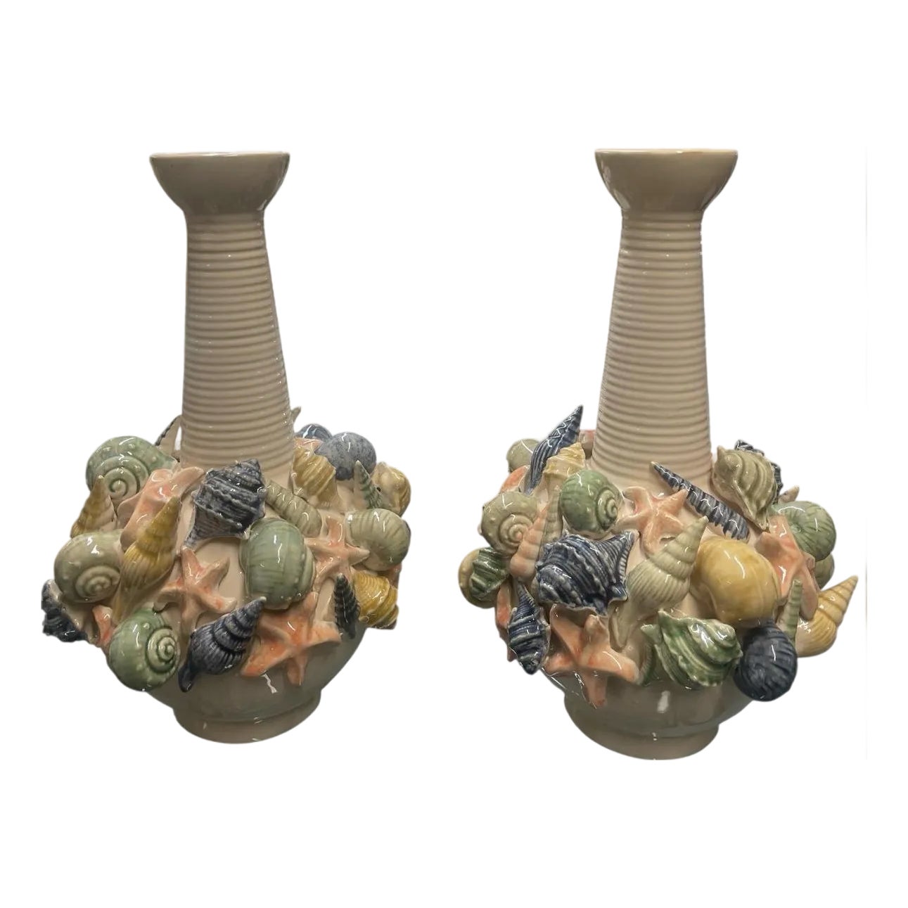 Pair of Exuberant Italian Coastal Ceramic Shell Vases | Chairish