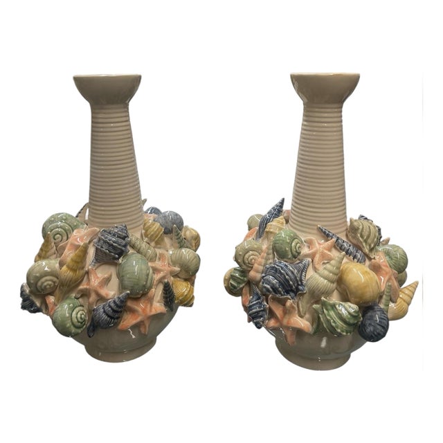 Pair of Exuberant Italian Coastal Ceramic Shell Vases For Sale