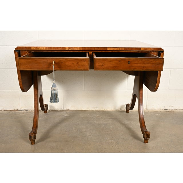 1980s Baker Furniture Regency Inlaid Yew Wood Writing Desk or Console Table, Circa 1980s For Sale - Image 5 of 17