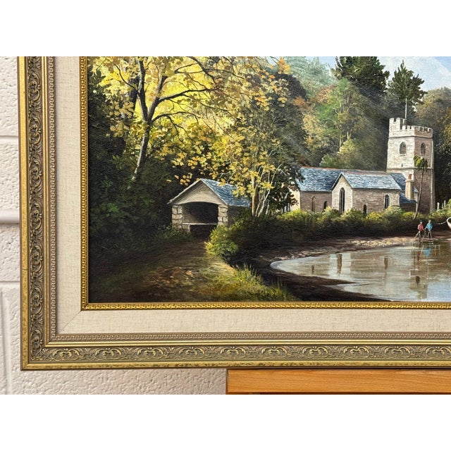 Painting of Church in Cornwall on the English South Coast with Figures & Boats 1985 Circa For Sale - Image 13 of 16