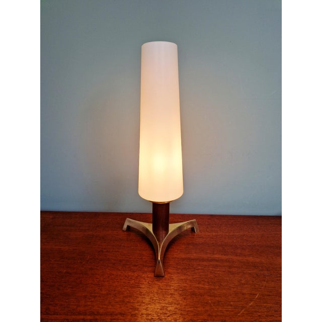 Gold Scandinavian Tripod Table Lamp in Brass, Teak and White Satin Opaline Glass, 1960 For Sale - Image 8 of 15