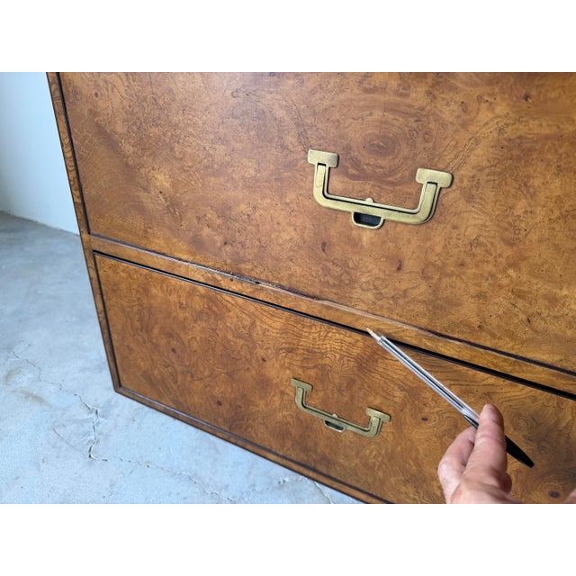 1970’s John Widdicomb Campaign Mid-Century Burlwood & Brass 9-Drawer Lowboy Dresser For Sale - Image 13 of 13