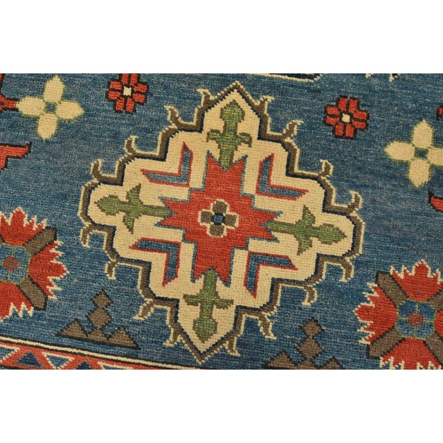 Kazak Rug 4′ X 5’11” Blue Wool Tribal Hand-Knotted Oriental Carpet For Sale - Image 4 of 12