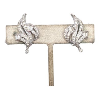 Vintage Signed Panetta Rhodium Plated Clear Rhinestone Clip Earrings-2 Pieces For Sale