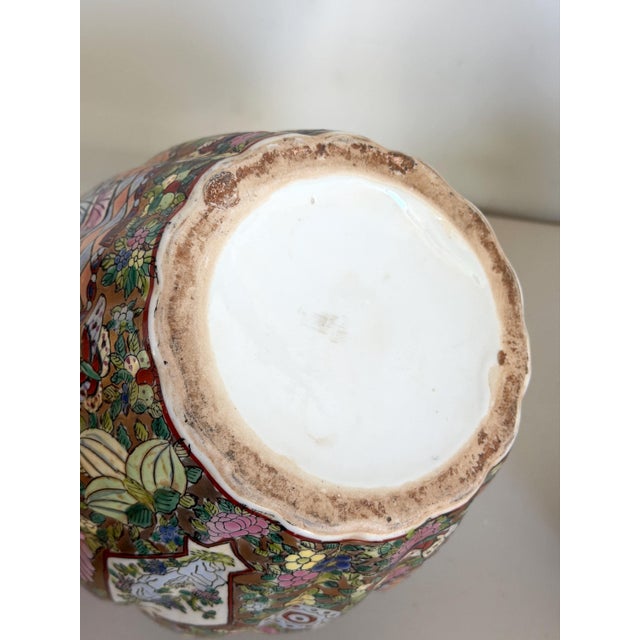 Pair of Vintage Chinese Famille Rose Medallion Pumpkin Form or "Melon-Ribbed" Body Ginger Jars With Gilded Stem Lids 10.5"h X 9"w For Sale - Image 9 of 12