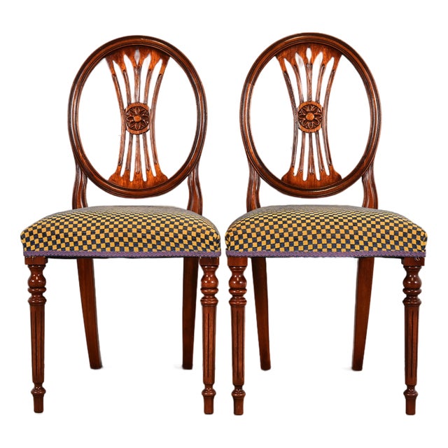 Hepplewhite Carved Mahogany Side Chairs or Dining Chairs by Bevan Funnell, Pair For Sale