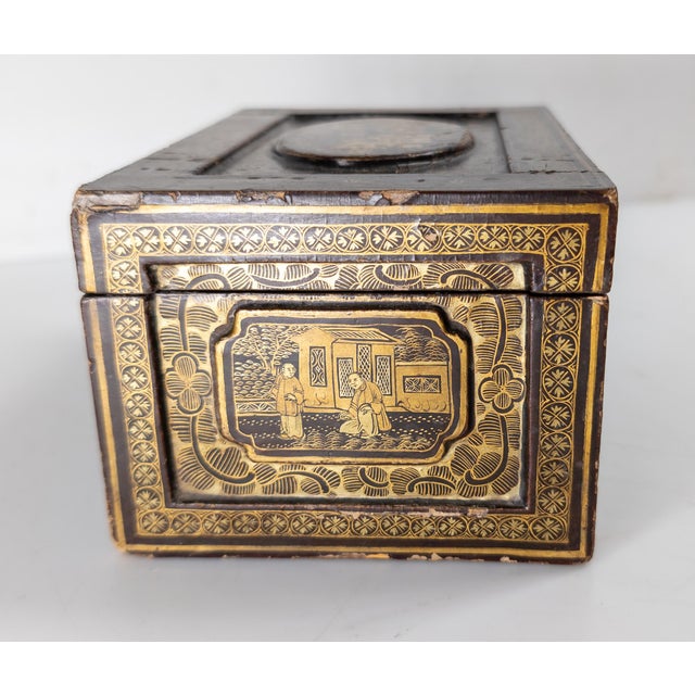 19th Century Chinese Export Chinoiserie Black Lacquer Tea Caddy Box For Sale - Image 4 of 13