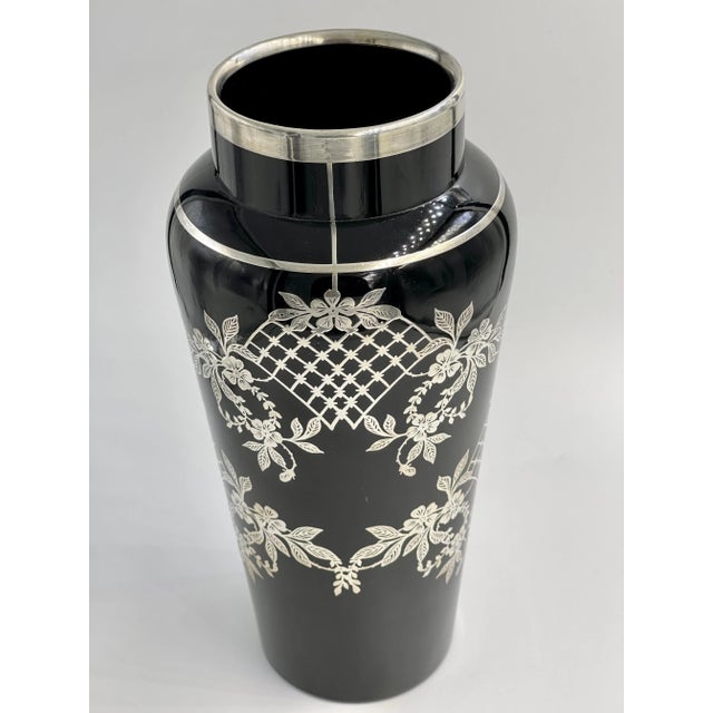 Lattice Flower Floral Sterling Silver Overlay Black Amethyst Glass Vase For Sale - Image 9 of 10