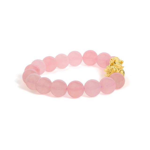 Contemporary 18K Yellow Gold Dragon Charm Natural Rose Quartz Beaded Charm Bracelet For Sale - Image 3 of 4