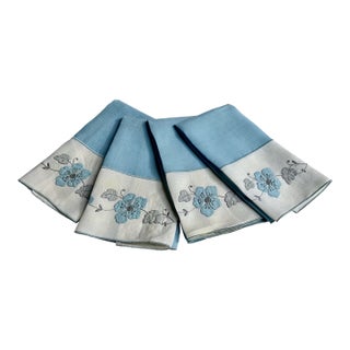 Vintage Set of 4 Embroidered Blue & Floral Finger Tip Towels For Sale
