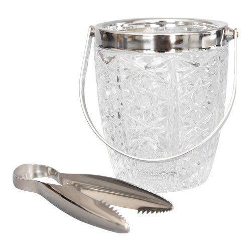 Mid Century French Chrome Cut Glass Ice Bucket With Tongs