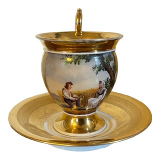 Antique Early 19th Century French Empire Paris Porcelain Tea Cup & Saucer Decorated With a Courting Couple For Sale