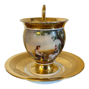 Antique Early 19th Century French Empire Paris Porcelain Tea Cup & Saucer Decorated With a Courting Couple