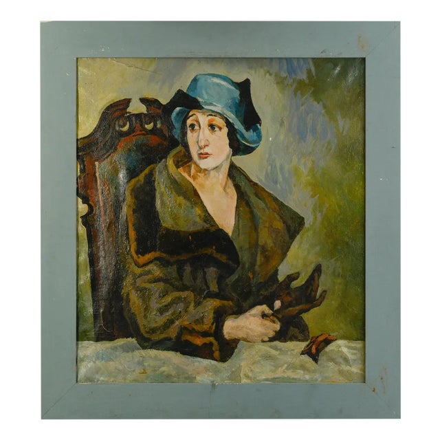 Woman with Blue Hat, Oil on Canvas, 1960s For Sale