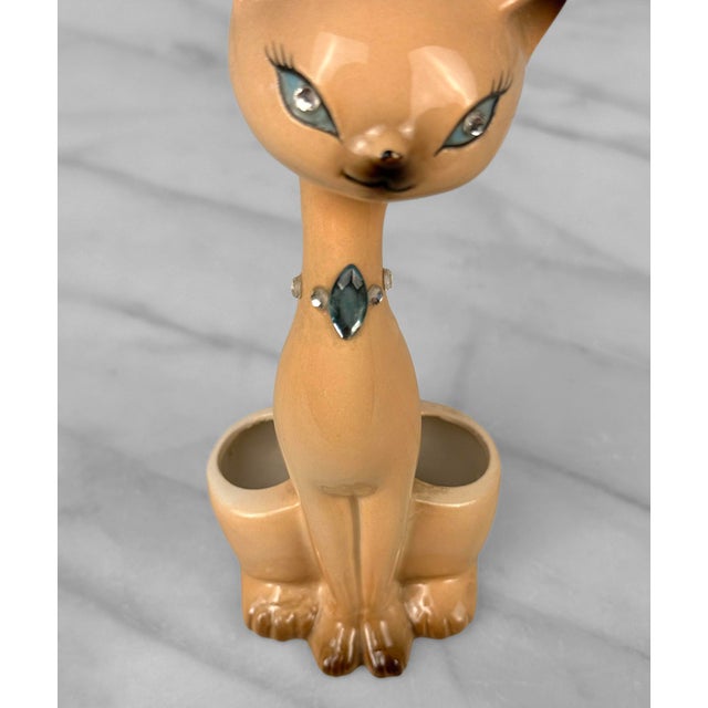 Blue Mid-Century Atomic Siamese Cat Porcelain Vanity Lipstick Holder For Sale - Image 8 of 12