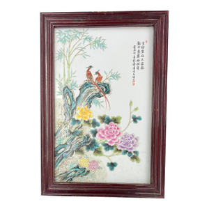Mid 20th Century Chinese Ceramic Porcelain Wall Plaque, Orange Birds on Rock