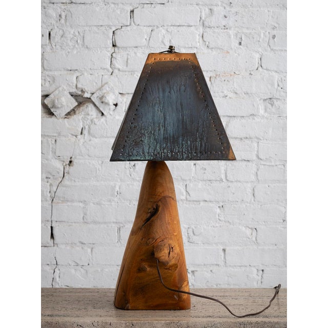 Live Edge Wood Lamp With Verdigris Punched Copper Shade For Sale - Image 4 of 8