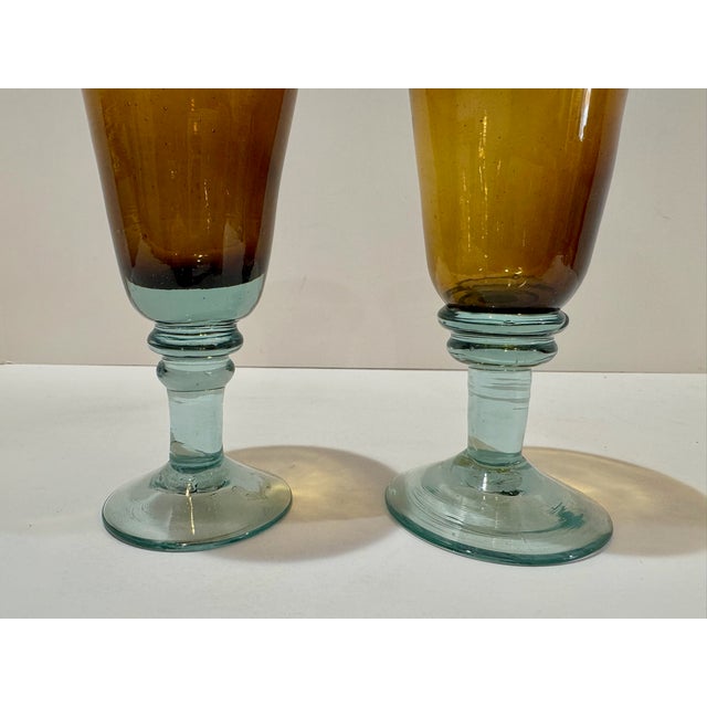 Vintage Amber and Blue-Green Stemmed Goblets Hand Blown Art Glass Wine Glasses - a Pair For Sale In Atlanta - Image 6 of 6