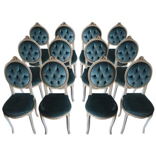 Wooden Chairs in Blue Velvet, Italy, 1960, Set of 12 For Sale