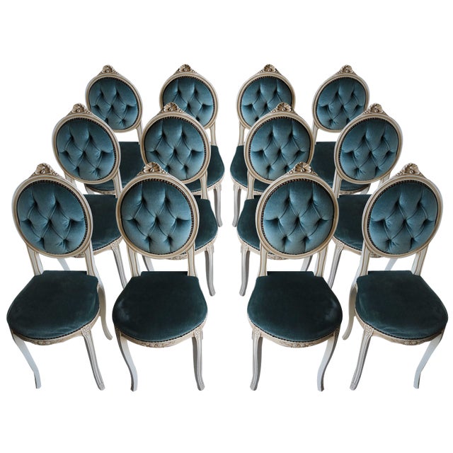 Wooden Chairs in Blue Velvet, Italy, 1960, Set of 12 For Sale