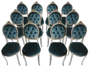 Wooden Chairs in Blue Velvet, Italy, 1960, Set of 12