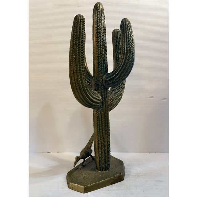 Metal Mid 20th Century Brass Saguaro Cactus and Roadrunner Statue For Sale - Image 7 of 9