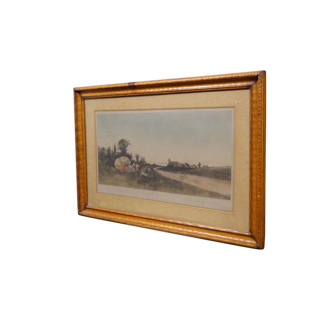 Late 19th century hand colored etching titled "The Last Sheaf" by Ernest C. Rost. Landscape of a country road leading up...