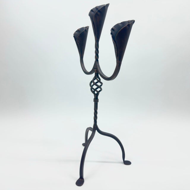 Hand Forged Iron Candelabra 27″ (68cm) Antique Copper Finish 3-Arm Sculptural Tulip Cup Centerpiece For Sale - Image 6 of 6
