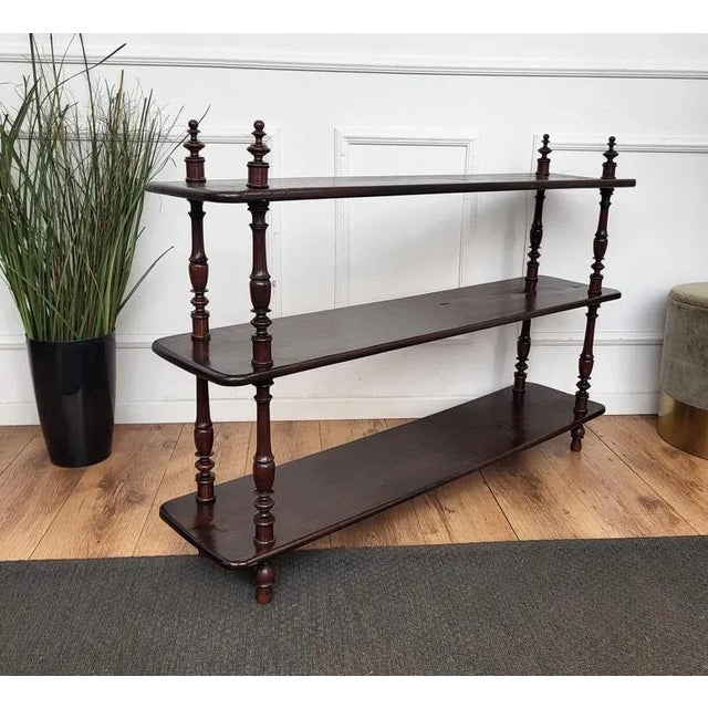 Italian Carved Walnut Wood Three Shelves Open Bookcase Library Etagere, 1950s For Sale - Image 9 of 11