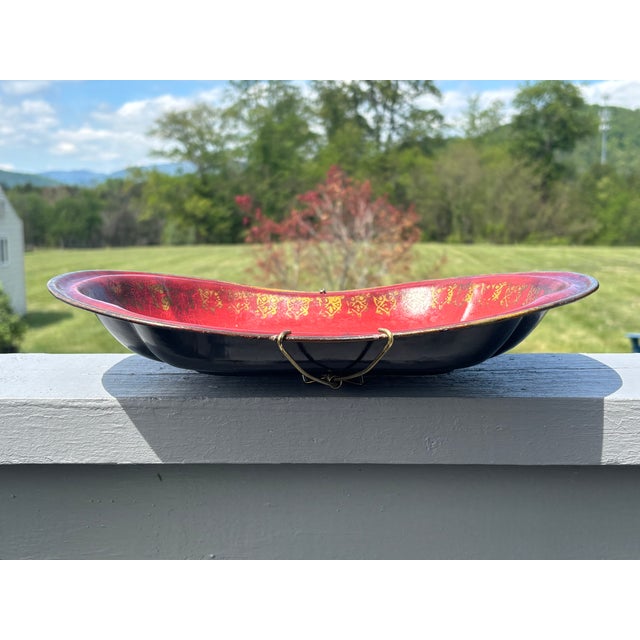 Late 19th Century 19th C. Red + Gilt and Green Toleware Serving Bowl - Paint Decorated - 12.75" For Sale - Image 5 of 12