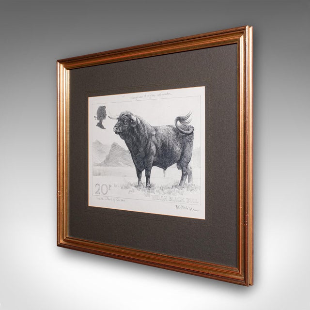English Vintage Stamp Proof Sketch, English, Barry Driscoll, Welsh Black Bull, Framed For Sale - Image 3 of 10