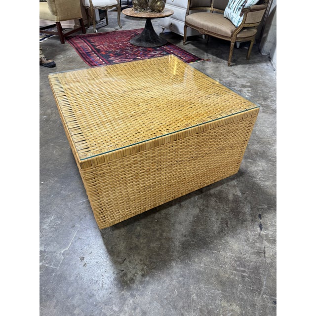Boho Coastal Wicker Glass Top Cube Coffee Table For Sale - Image 9 of 10