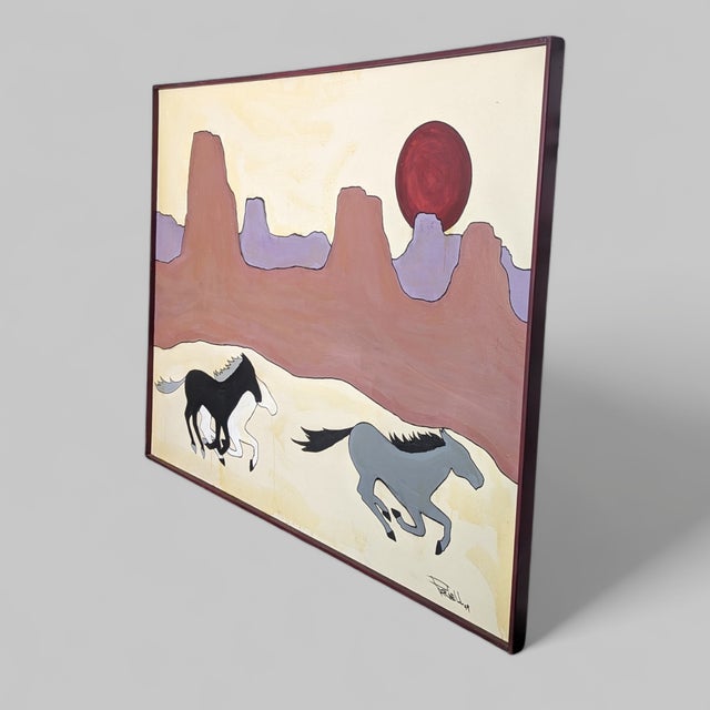 Wood Vintage Signed 1994 Southwestern Horse and Desert Landscape Painting For Sale - Image 7 of 8