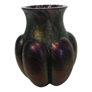 Art Nouveau Iridescent Bulbous Art Glass Vase Melon-Ribbed Plum, Green For Sale