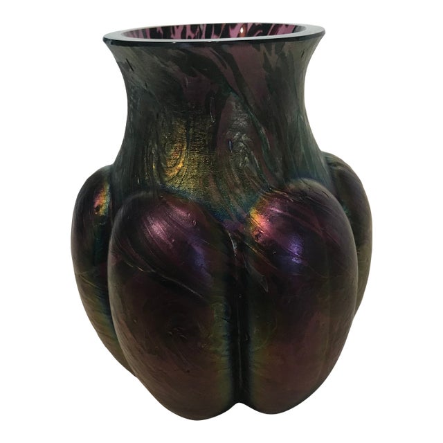Art Nouveau Iridescent Bulbous Art Glass Vase Melon-Ribbed Plum, Green For Sale