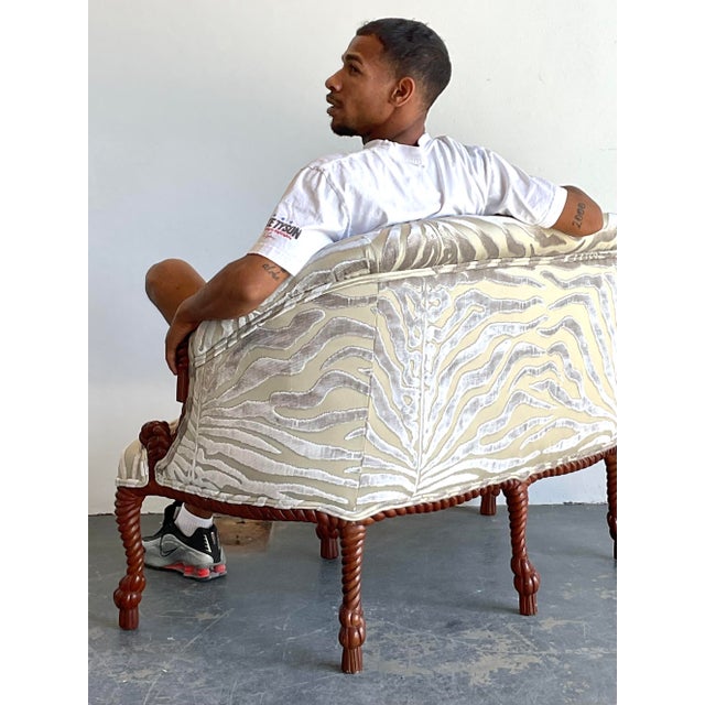 Cream Vintage Carved Rope and Knot Loveseat in Scalamandre Tiger Devore For Sale - Image 8 of 12