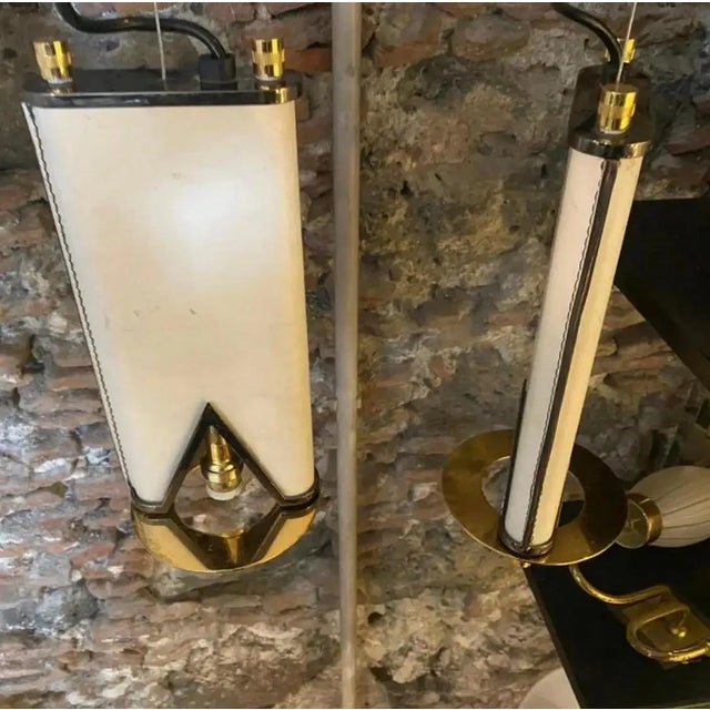 An Elegant 1980s Mid-Century Modern Brass and Skin Italian Double Chandelier For Sale - Image 9 of 9