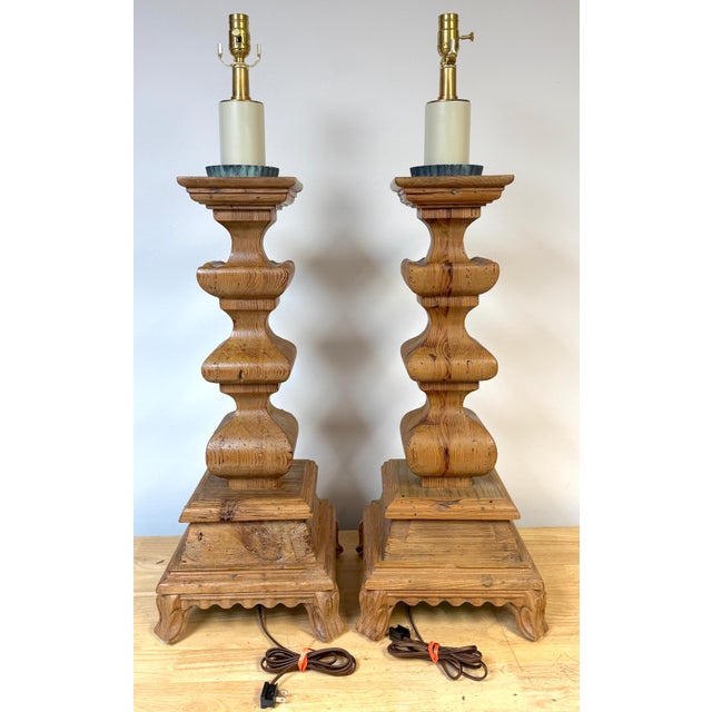 Mid 20th Century Monumental Tuscan Carved Pine Column Table Lamps, Rewired - a Pair For Sale - Image 10 of 14