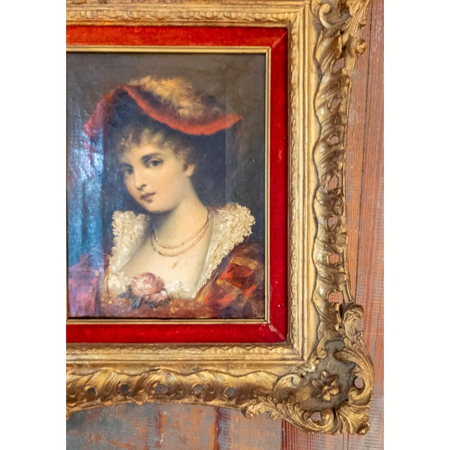 Late 19th Century 19th Century Continental European French Style Portrait Painting of a Lady in Red, Signed For Sale - Image 5 of 14