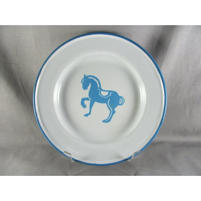 Turquoise 8" Mid Century Modern Kockums Jernverk Sweden Enamelware Turquoise Blue Horse Pony Plate Child's Dish For Sale - Image 8 of 8