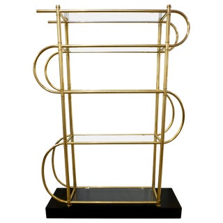 Italian Modern Gold Brass Tubular Shelving Unit Étagère on Black Lacquered Base - in Showroom For Sale