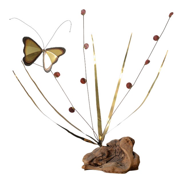 1970s Mid Century Modern Brass Butterfly on Plant Sculpture For Sale