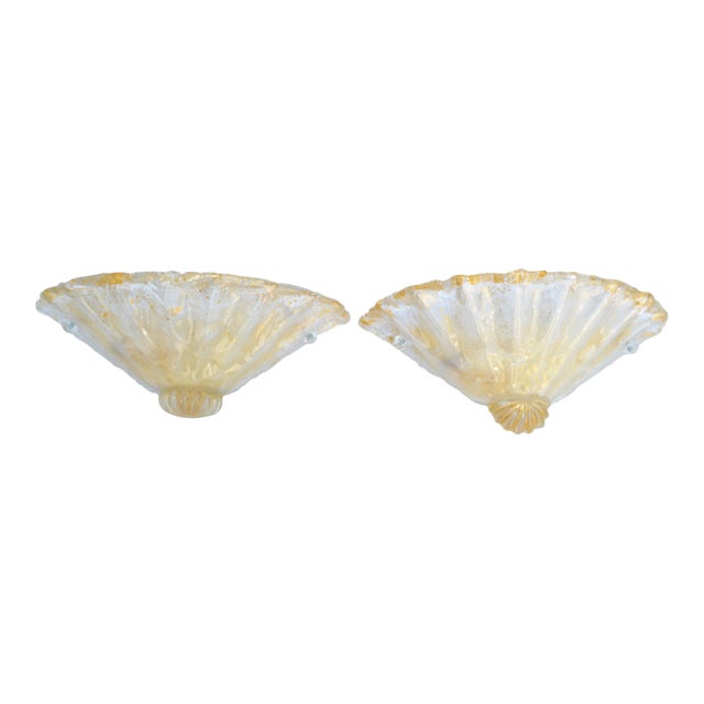 Pair, Clear & Gold Flecks Infused Murano Glass & Brass Sconces Wall Lamps Italy For Sale