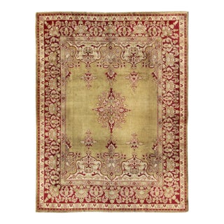 Late 19th Century Antique Indian Agra Rug in Green and Burgundy With Medallion For Sale