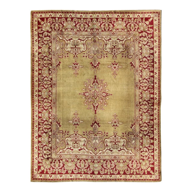 Late 19th Century Antique Indian Agra Rug in Green and Burgundy With Medallion For Sale