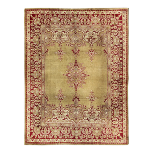 Late 19th Century Antique Indian Agra Rug in Green and Burgundy With Medallion