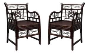 Asian Chinese Chippendale Style Ebonized Bamboo Arm Chairs - Pair
