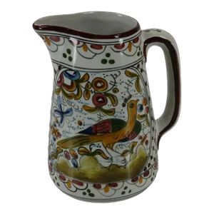 Vintage Portugal Faience Pitcher Hand Painted Bird Decoration, Signed