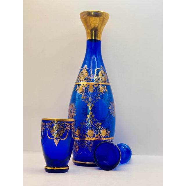 Blue Early 20th Century Bohemian Glass Blue & Gold Decanter Set- 6 Glasses & Decanter For Sale - Image 8 of 11