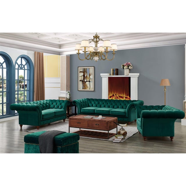 Contemporary Peyton Sloped Arm Chesterfield Sofa - Green Velvet For Sale - Image 3 of 9